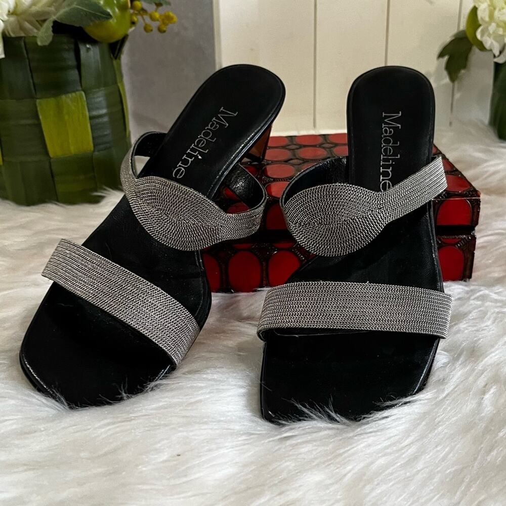 Madeline Silver Link Metallic Mesh Kitten Heel Square Open Toe Slide Sandals 6.5